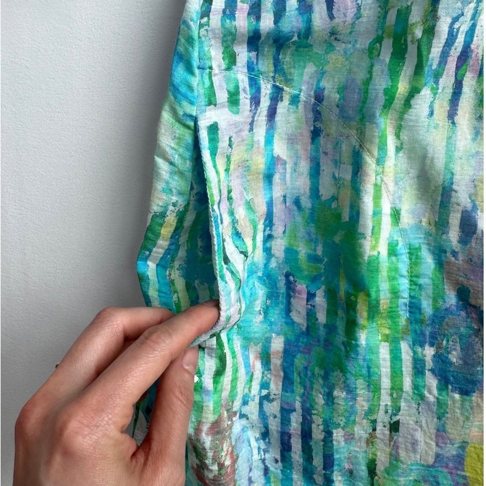 Terra SJ Watercolor Stripe Ruffle Collar Button Up Green Art to wear tunic - Picture 5 of 12